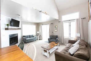 Älytelevisio, takka, DVD-soitin, kirjoja