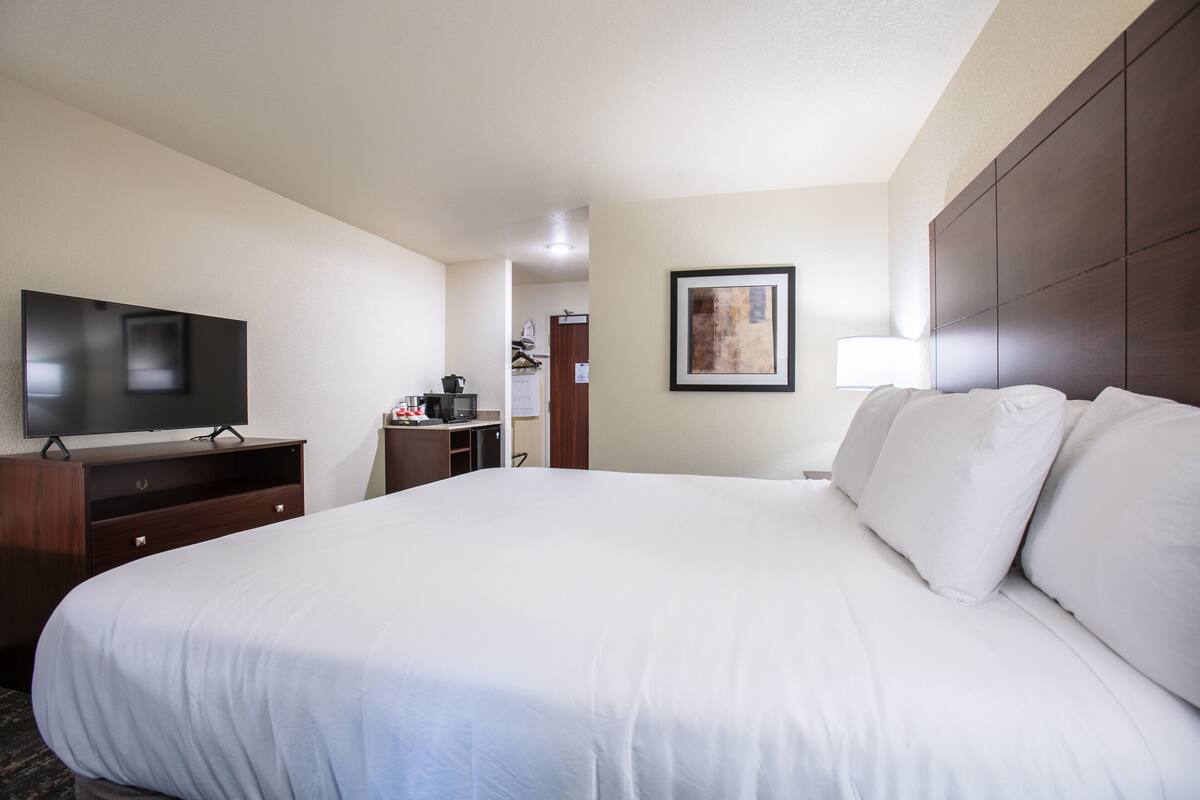 Une chambre d’hôtel avec un grand lit, un téléviseur à écran plat, un bureau avec une machine à café et un tableau encadré au mur.