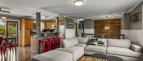 Smart TV, fireplace, books