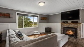 Smart TV, chimenea y libros