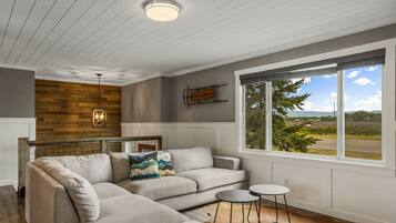 Smart TV, fireplace, books