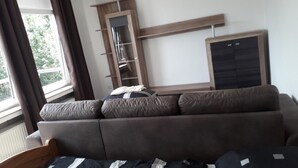 Ein modernes Wohnzimmer mit einem braunen Sofa, einem Holzschrank und einem schwarzen Kleiderschrank.