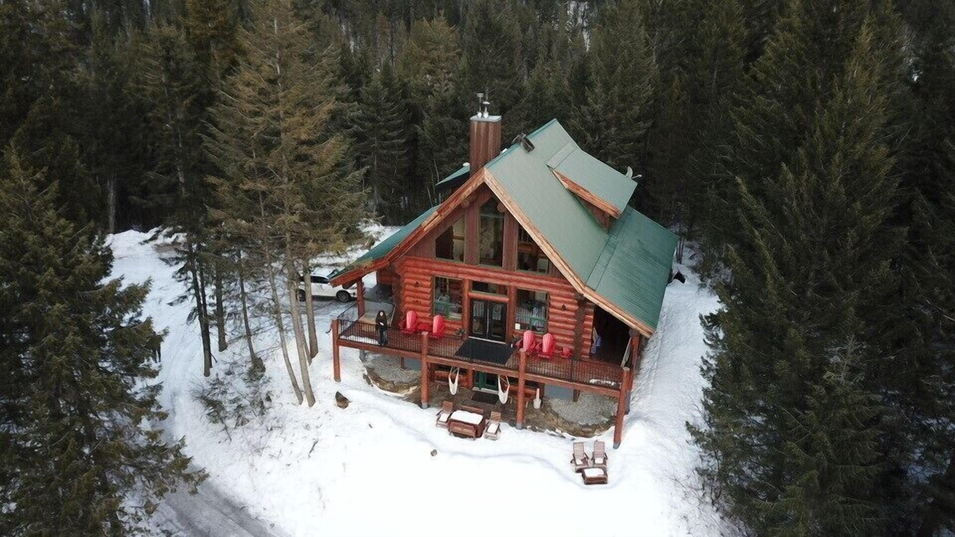 A log cabin with a green roof, surrounded by snow and trees.