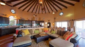 TV connectée, cheminée, lecteur de DVD, livres