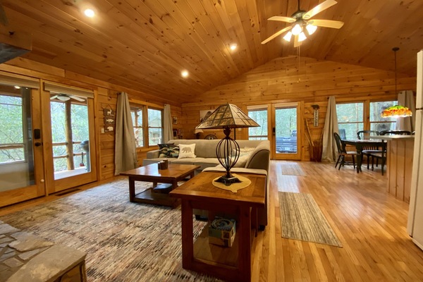 Smart-tv, eldstad, böcker och en stereo