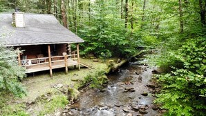 Une cabane dotée d’une terrasse en bois et d’un petit porche, entourée d’une forêt dense et bordée d’un ruisseau.
