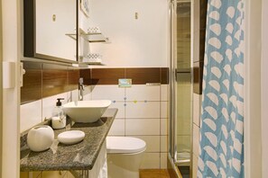 Shower, hair dryer, towels, toilet paper