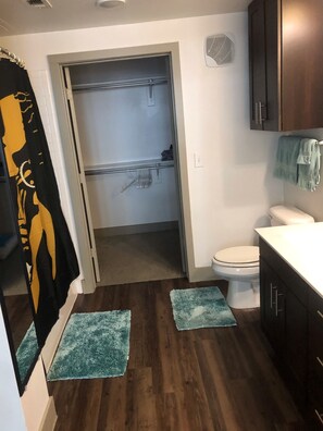 Combined shower/bathtub, hair dryer, towels