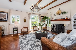 Living room with gorgeous fireplace - 31 night stay minimum. Charming 1929 English Tudor in the heart of San Roque! (Santa Barbara)