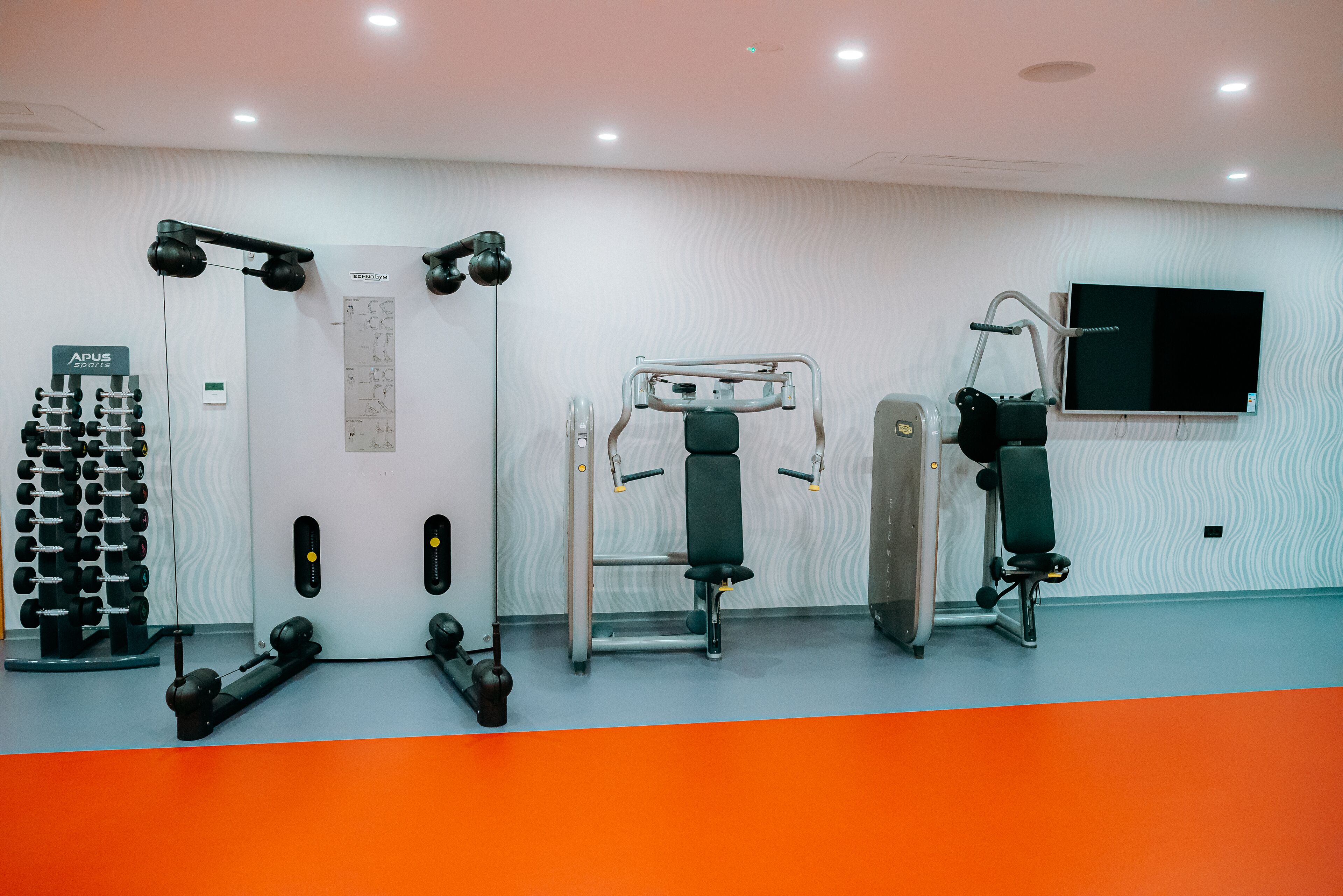 Une salle de sport équipée de divers appareils d’exercice, d’un téléviseur fixé au mur et d’un mur décoré de motifs.