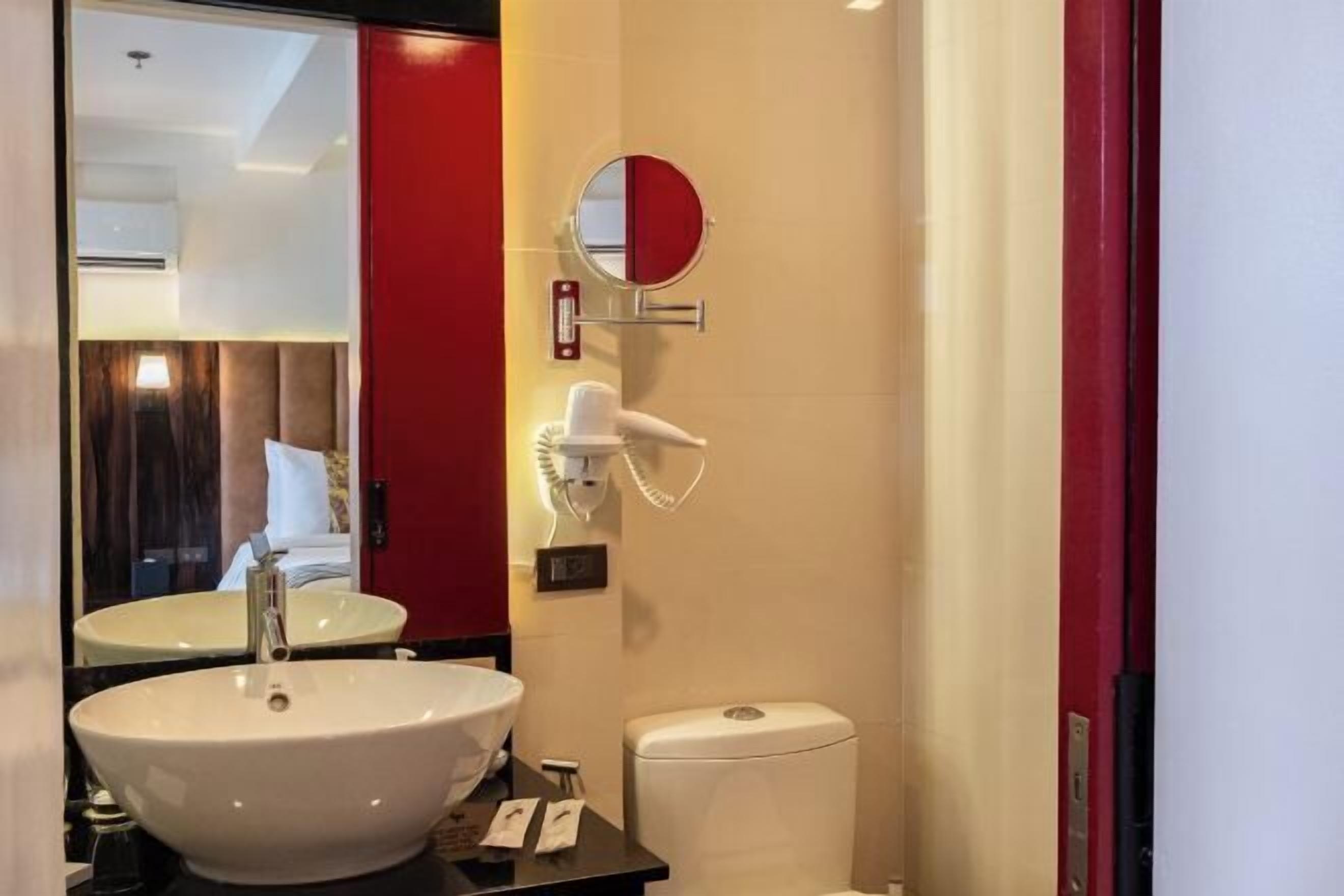 Shower, rainfall showerhead, hair dryer, slippers