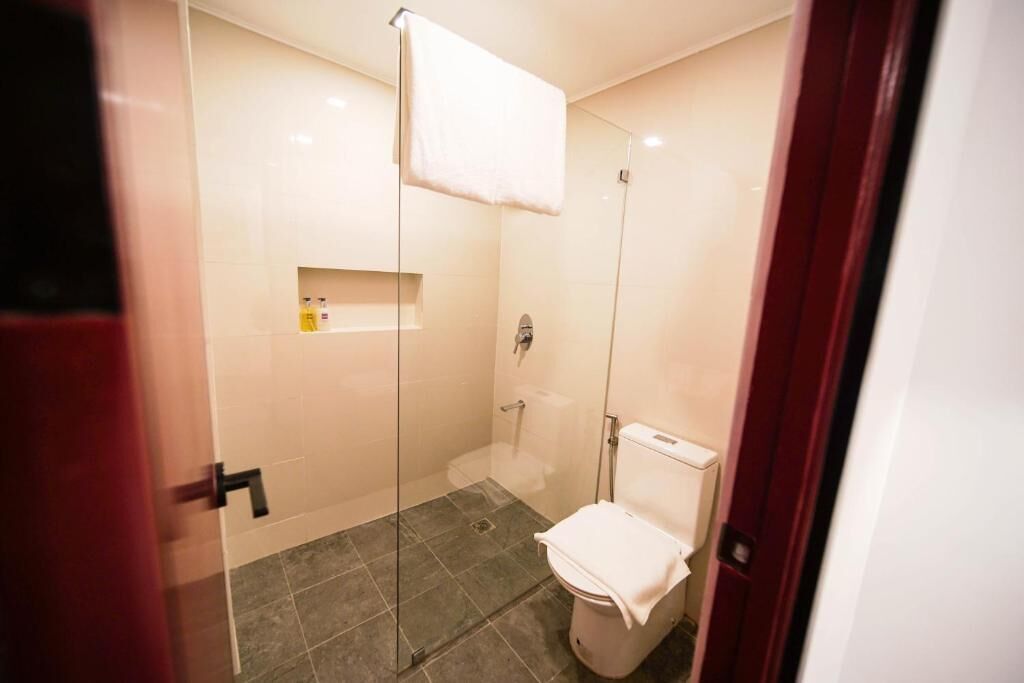 A bathroom with a glass shower enclosure, a toilet, and a shelf with toiletries.