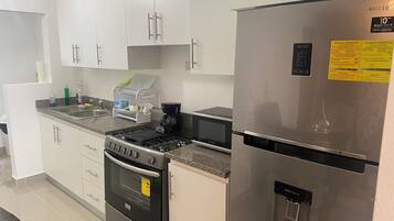 Frigorífico, microondas, horno y placa de cocina