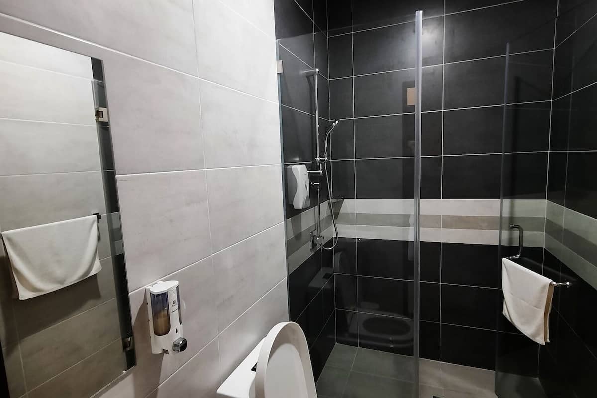 family room | bathroom | shower, rainfall showerhead, hair dryer, bidet