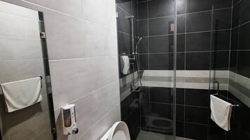 Family Room | Bathroom | Shower, rainfall showerhead, hair dryer, bidet