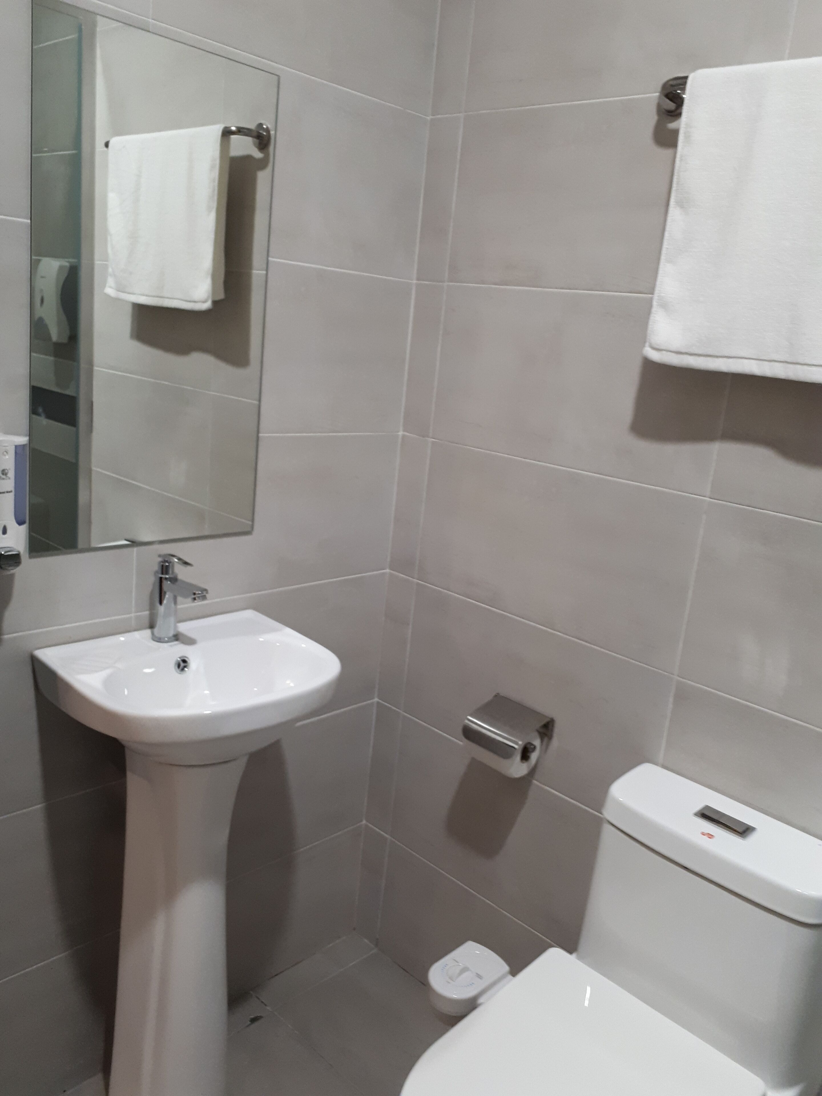 A bathroom with a white sink, mirror, toilet, and towel rack.