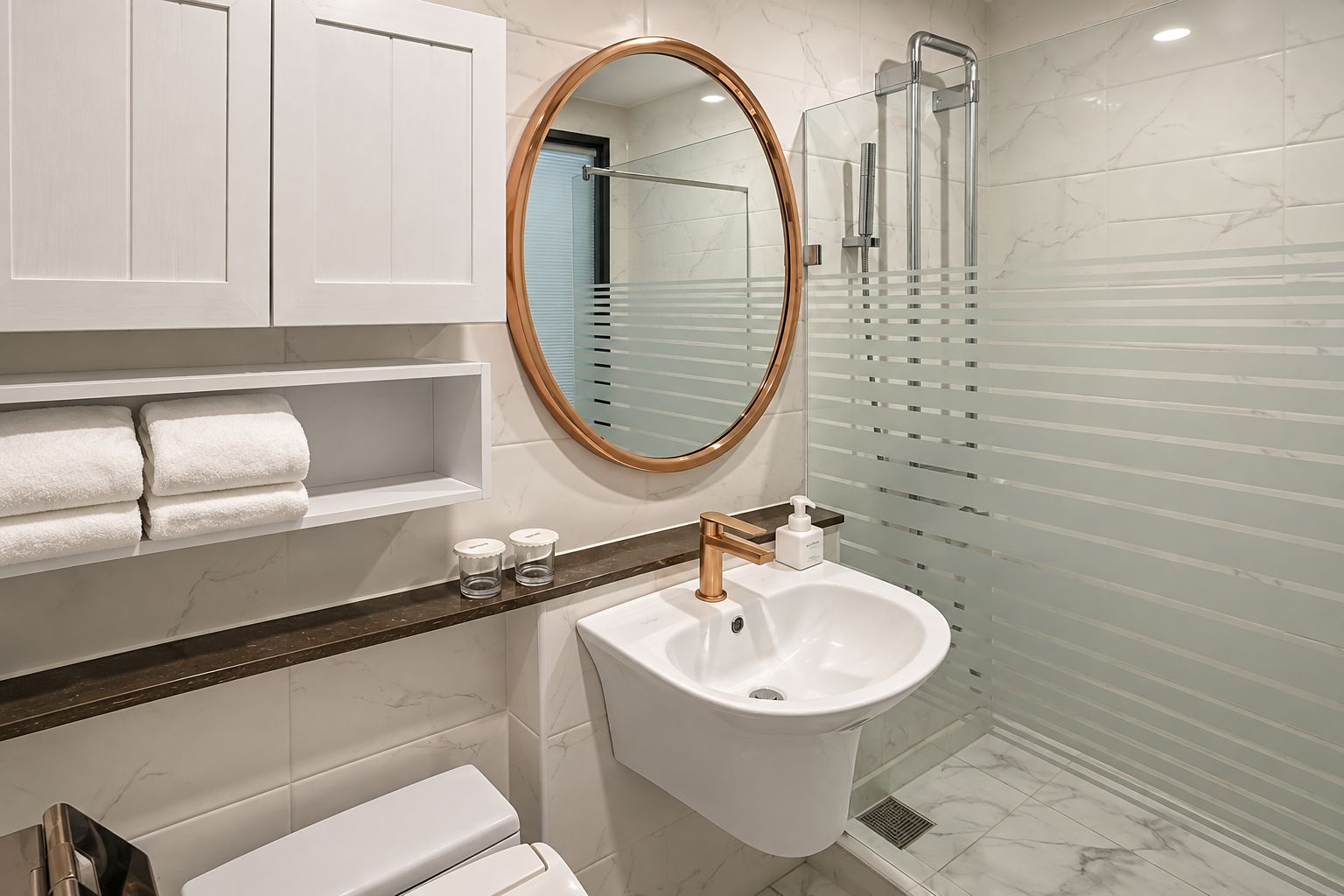 Un baño moderno con un lavabo blanco, un espejo con marco de madera, una cabina de ducha de vidrio y un inodoro.
