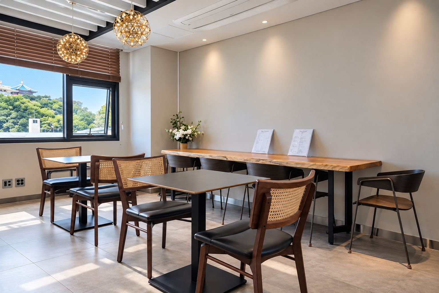 Un comedor moderno con mesas y sillas de madera, vistas al exterior con vegetación y una lámpara colgante decorativa.