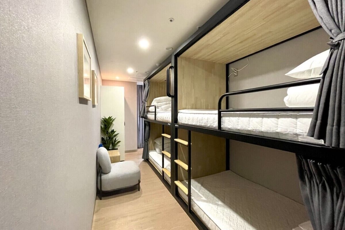 Habitación pequeña con literas, un espacio de descanso y una planta en maceta.