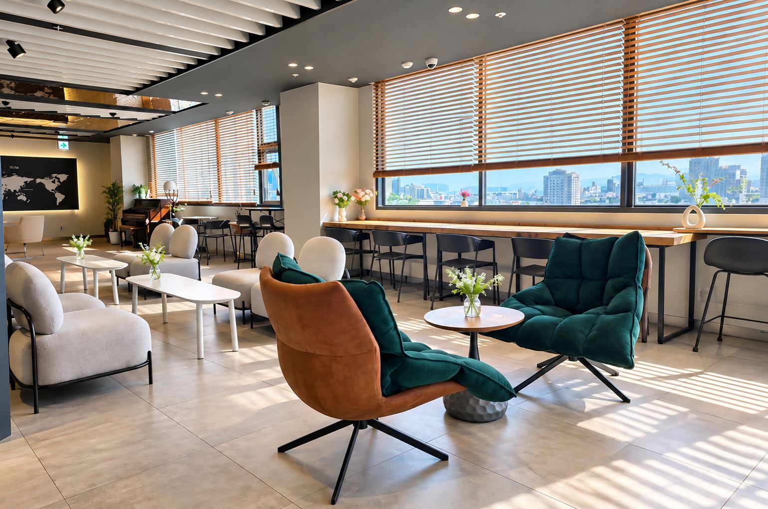A modern lounge area with seating, tables, and large windows offering a city view.