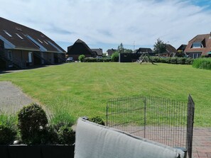A residential backyard with a lawn, a metal fence, and houses in the background.