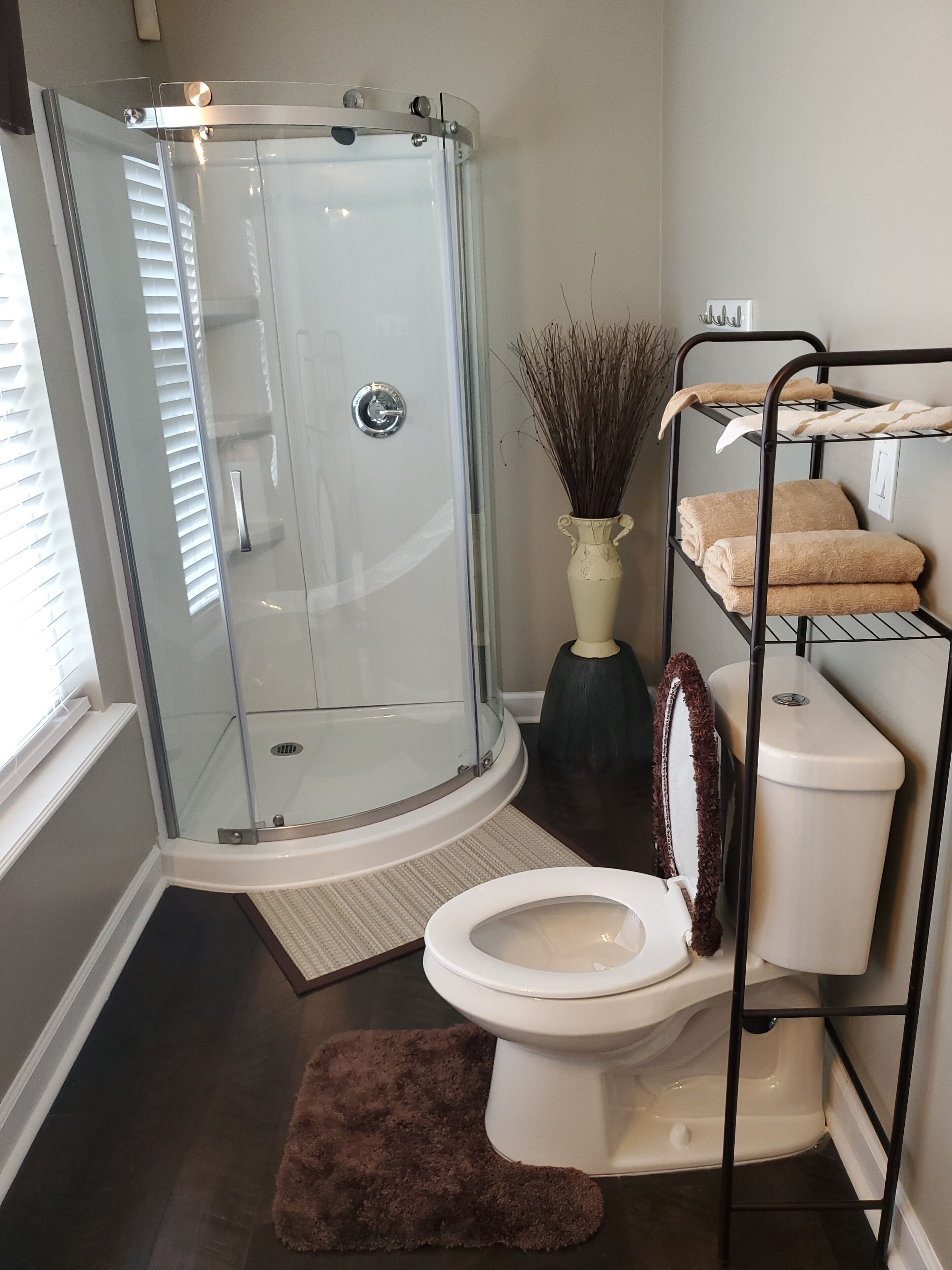 Shower, towels, toilet paper