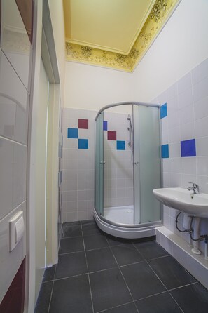 Douche, séchoir à cheveux, serviettes fournies, savon