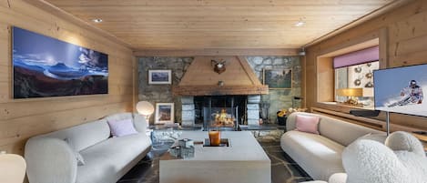 Télévision, cheminée, lecteur de DVD