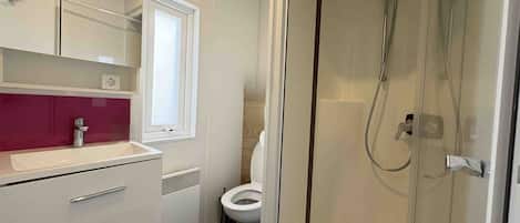Shower, towels, toilet paper