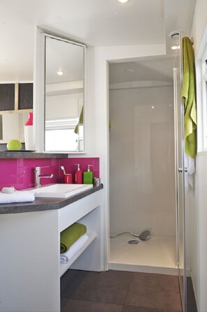 Shower, towels, toilet paper