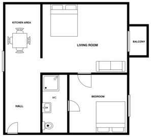 A floor plan with a kitchen area, living room, balcony, bedroom, WC, and hall. - One Bedroom Apartment with Balcony in Very Center (Rīga)