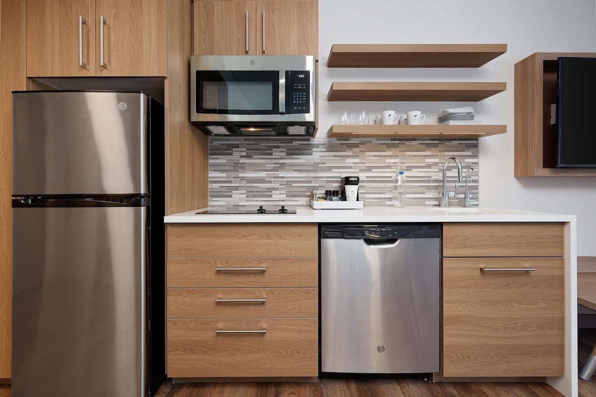 Mini-fridge, microwave, dishwasher, coffee/tea maker