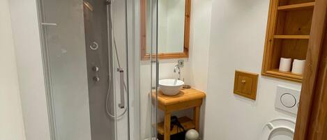 Een moderne badkamer met een douchecabine van glas, een houten wastafelmeubel met een wastafel en een toilet.