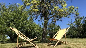 Two bamboo lounge chairs in a grassy field with trees in the background. - Landhaus Karnin - Vacation at the Peenestrom - FEWO3 (Usedom OT Karnin)