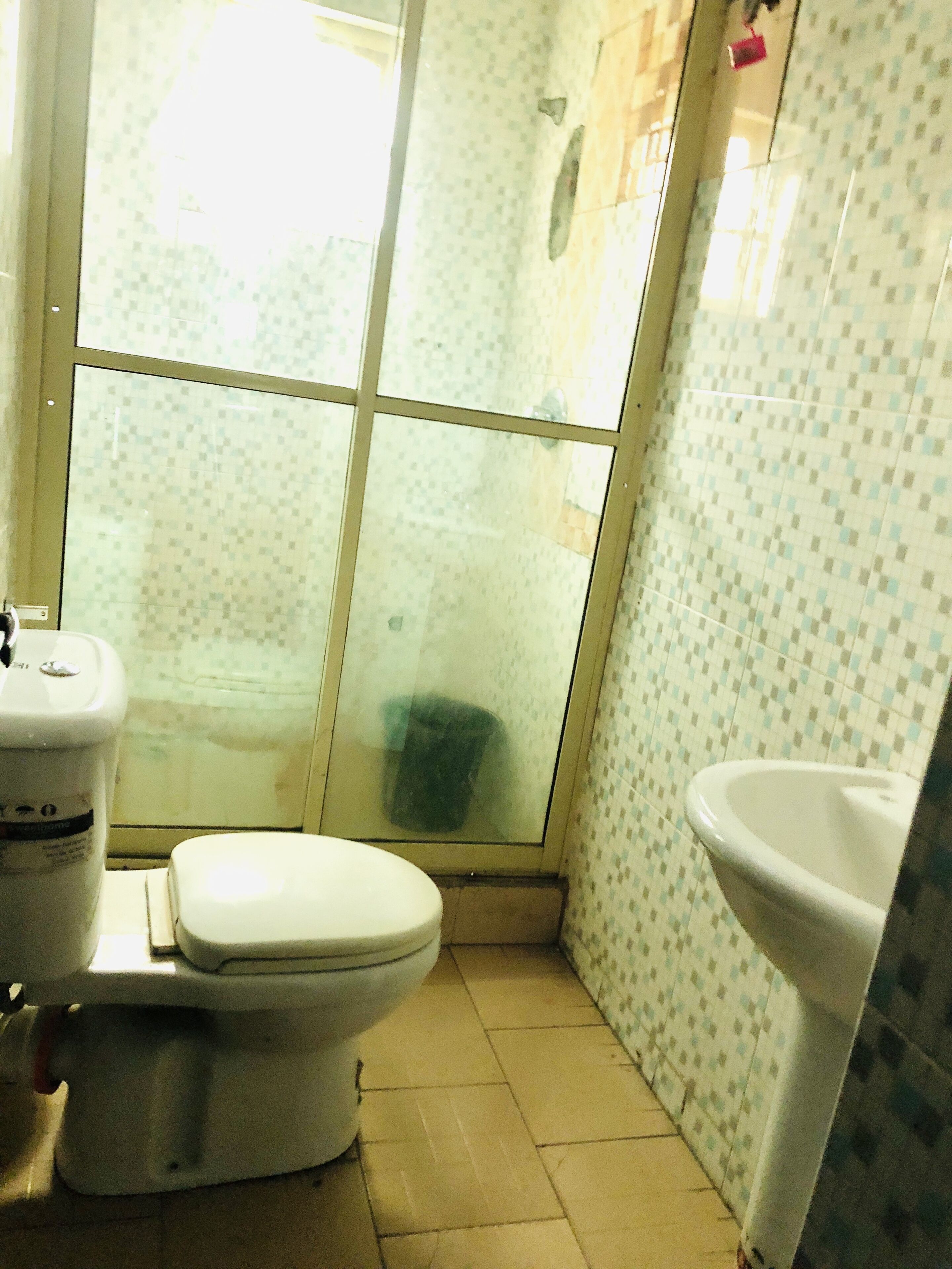Een kleine badkamer met een toilet, een wastafel en een douchegedeelte.