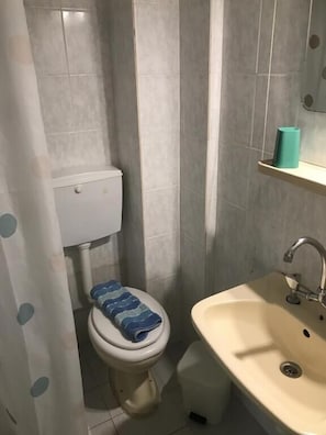 Triple Room | Bathroom | Shower, hair dryer, towels, toilet paper - Angela - Zoi Rooms (Skiathos)