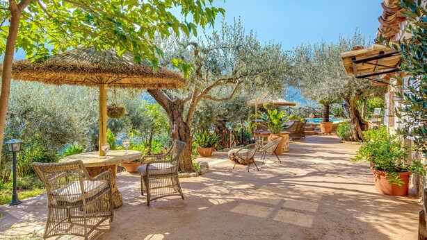 An outdoor patio with wicker furniture, a thatched umbrella, and potted plants. - Finca “Ses Begudes” with Garden, Terrace, Pool, Air Conditioning & Wi-Fi (Fornalutx)