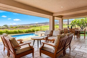 Outdoor dining - Serene 3BR Estate (312) at Mauna Kea – Indoor-Outdoor Living with Private Pool (Kamuela)