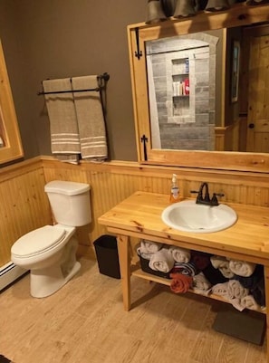 Bathtub, hair dryer, towels, toilet paper