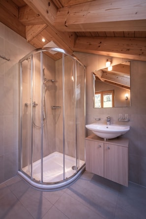 A modern bathroom with a glass-enclosed shower, a sink, and wooden cabinetry. - Chalet Aquila 8 Penthouse (Lauterbrunnen)