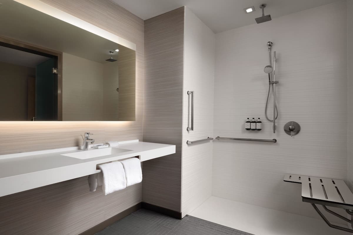 Room, 1 King Bed (Mobility/Hearing Access, Roll-in Shwr) | Bathroom | Rainfall showerhead, free toiletries, hair dryer, towels