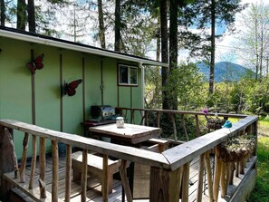 A rustic cabin with a wooden deck, a small table, and a grill. - *Little Green Cabin on Big Creek * 5 mi to Mt. Rainier entrance! (Ashford)
