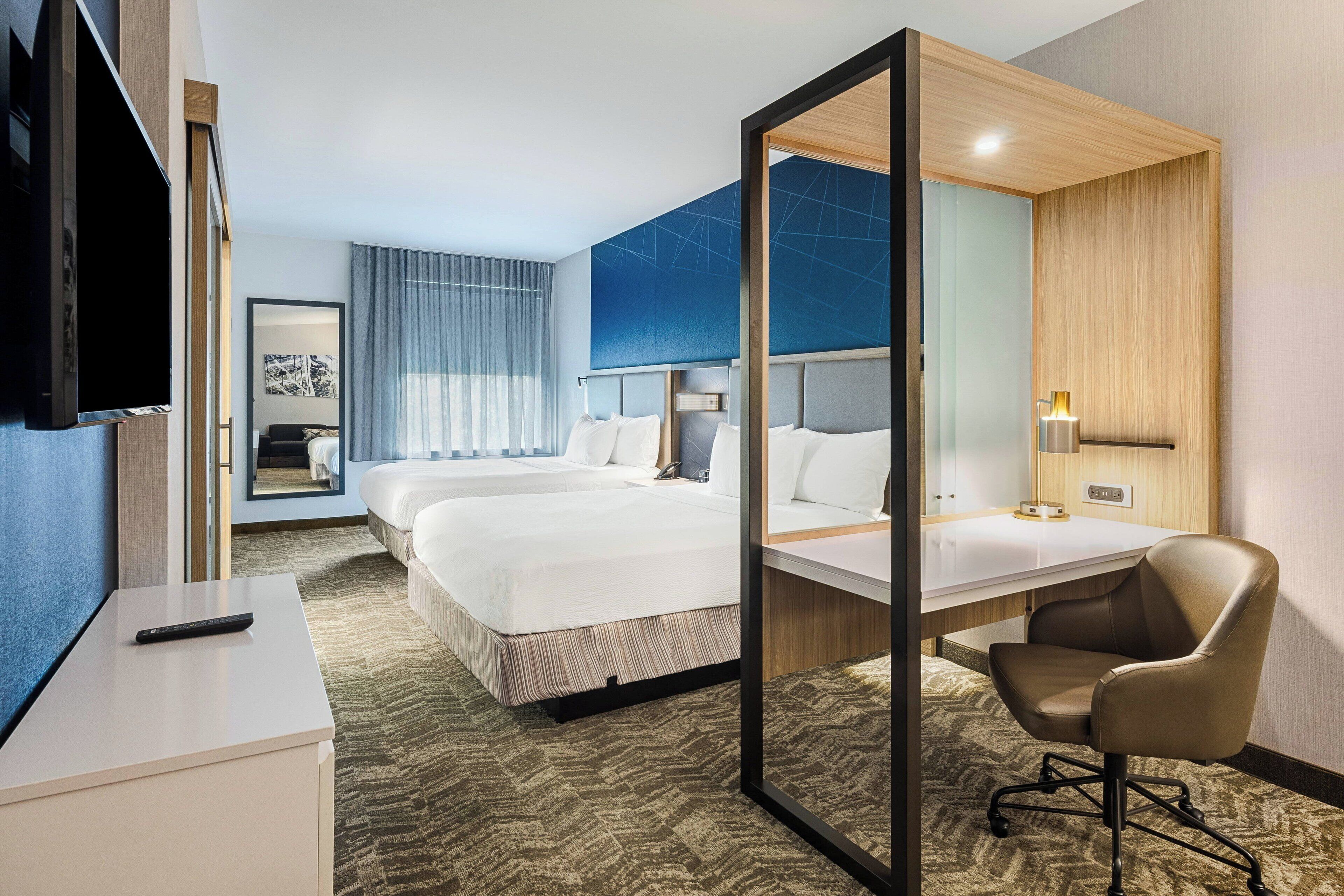 1 bedroom, desk, laptop workspace, blackout curtains