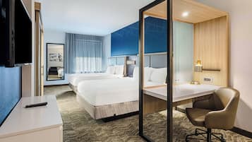 Desk, laptop workspace, blackout drapes, iron/ironing board