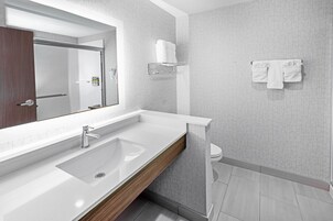 Un baño moderno con un espejo grande, un lavamanos y un inodoro.
