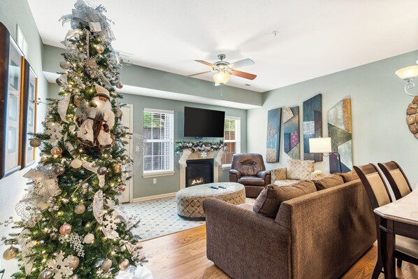 Smart TV, fireplace, video games, DVD player