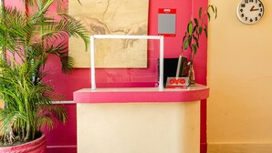 A reception desk with a potted plant, a framed artwork, and a clock on the wall.