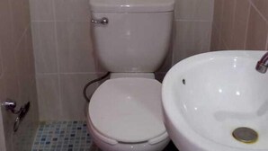 Une salle de bain avec des toilettes et un lavabo.