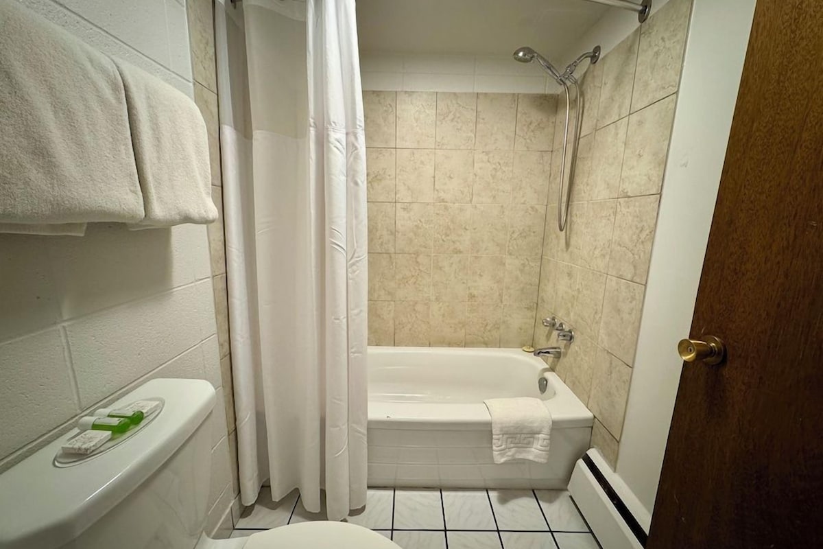 A bathroom with a bathtub, toilet, and shower curtain.