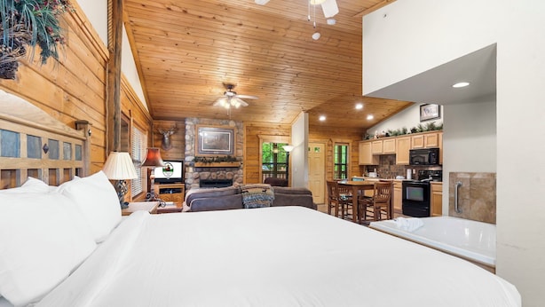Una habitación amplia con una cama grande, chimenea, comedor y cocina.